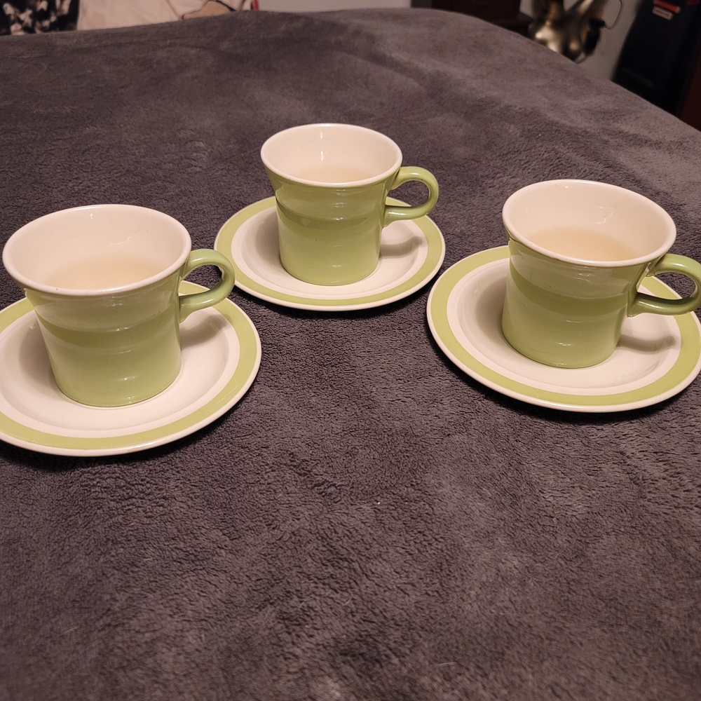 Green and White Ceramic Cup and Saucer Set. Set Of 3.